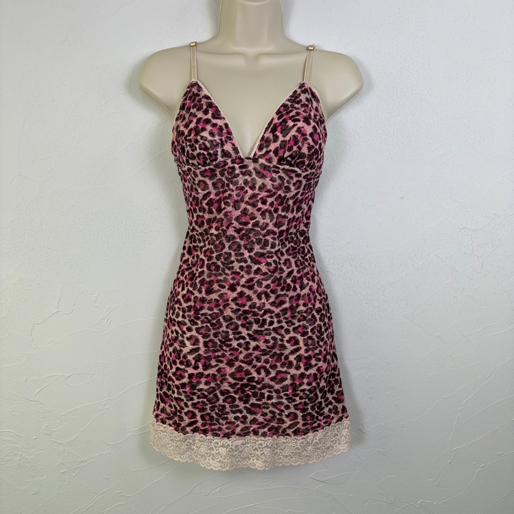 Vintage Victoria Secret Leopard Print Slip Dress Womens S Pink Lace Trim Y2K